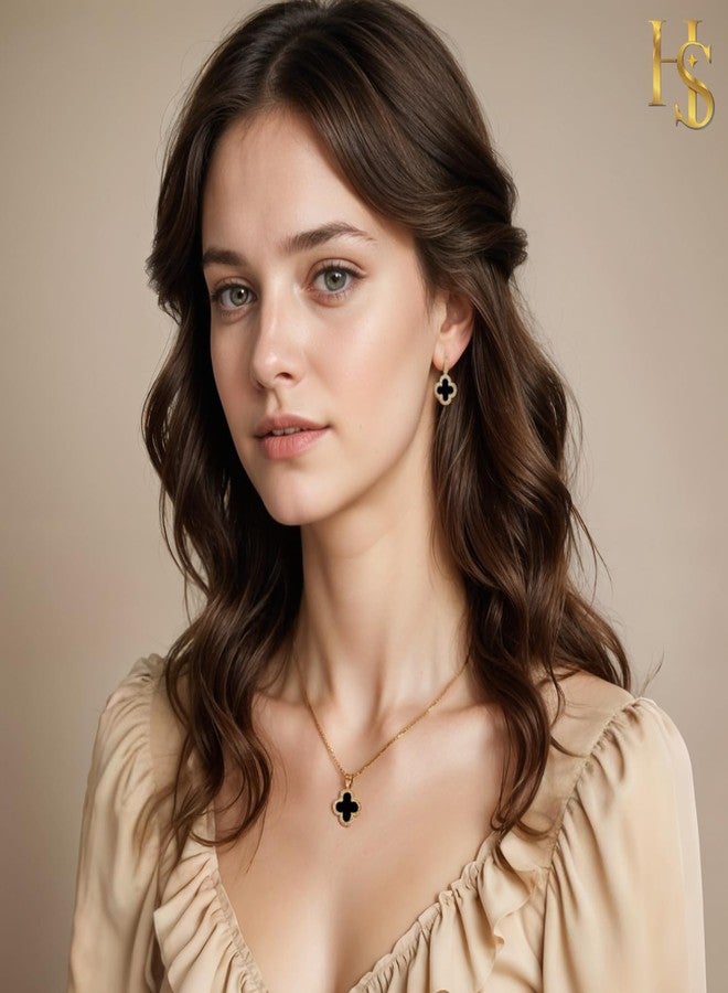 HighSpark Studded Clover Necklace with Studded Hoop Earrings for Women | Designer Jewelry Set for Women | Lovely Gift - Black - Image 4